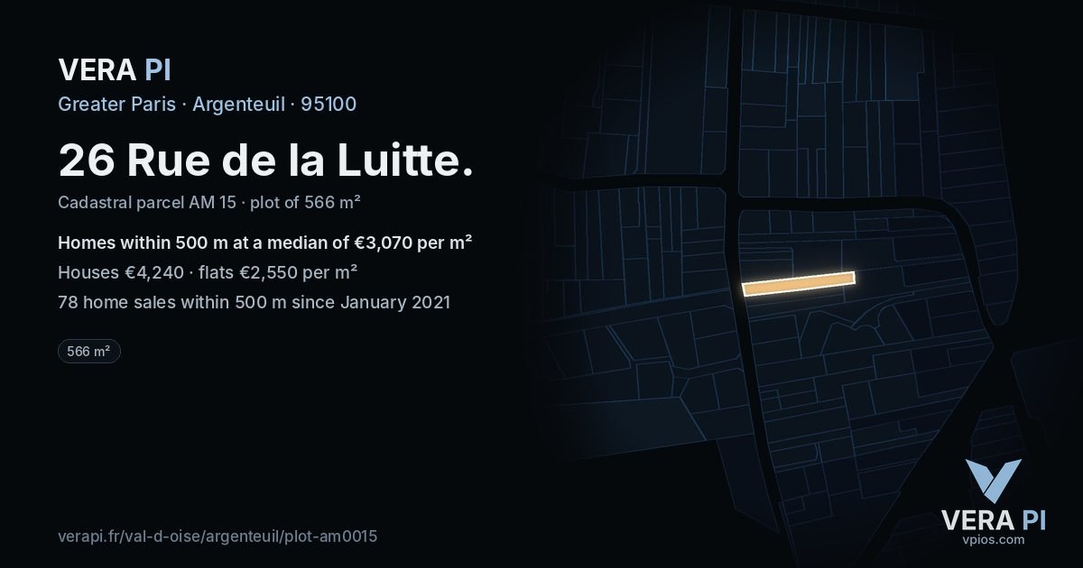 26 Rue de la Luitte, Argenteuil at night – the plot lit, the parcels around coloured by the prices near them