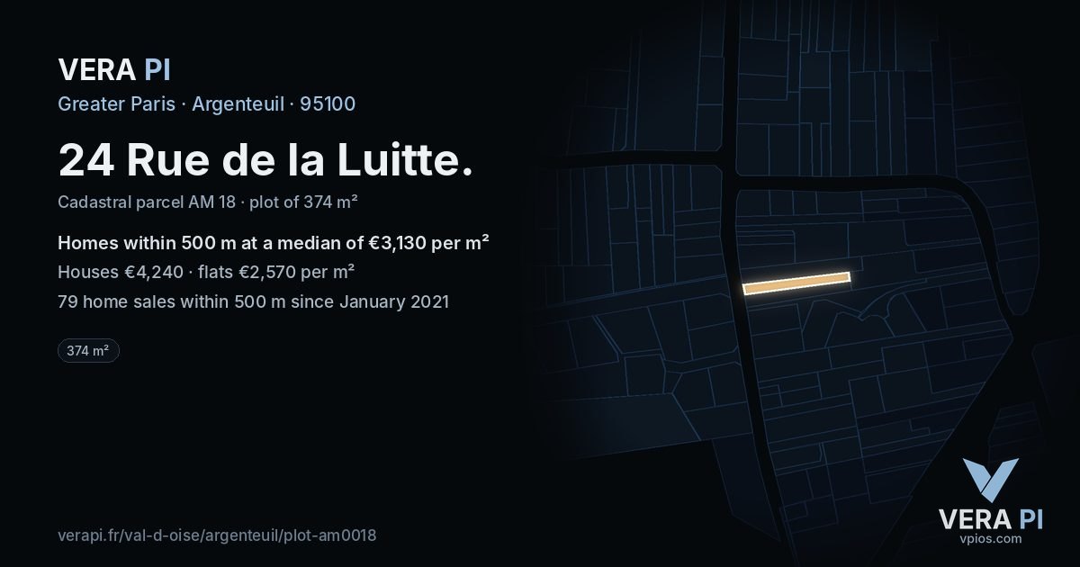 24 Rue de la Luitte, Argenteuil at night – the plot lit, the parcels around coloured by the prices near them