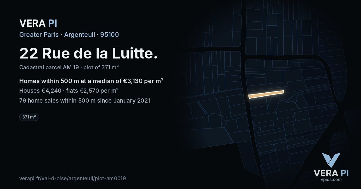 22 Rue de la Luitte, Argenteuil at night – the plot lit, the parcels around coloured by the prices near them