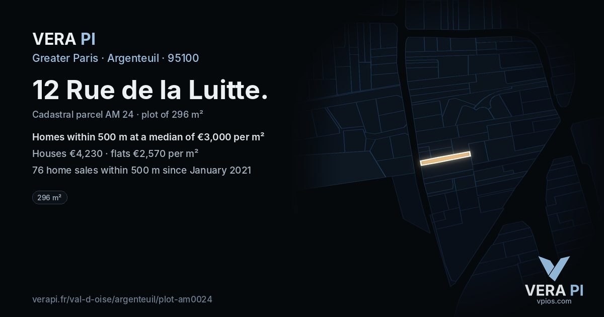 12 Rue de la Luitte, Argenteuil at night – the plot lit, the parcels around coloured by the prices near them