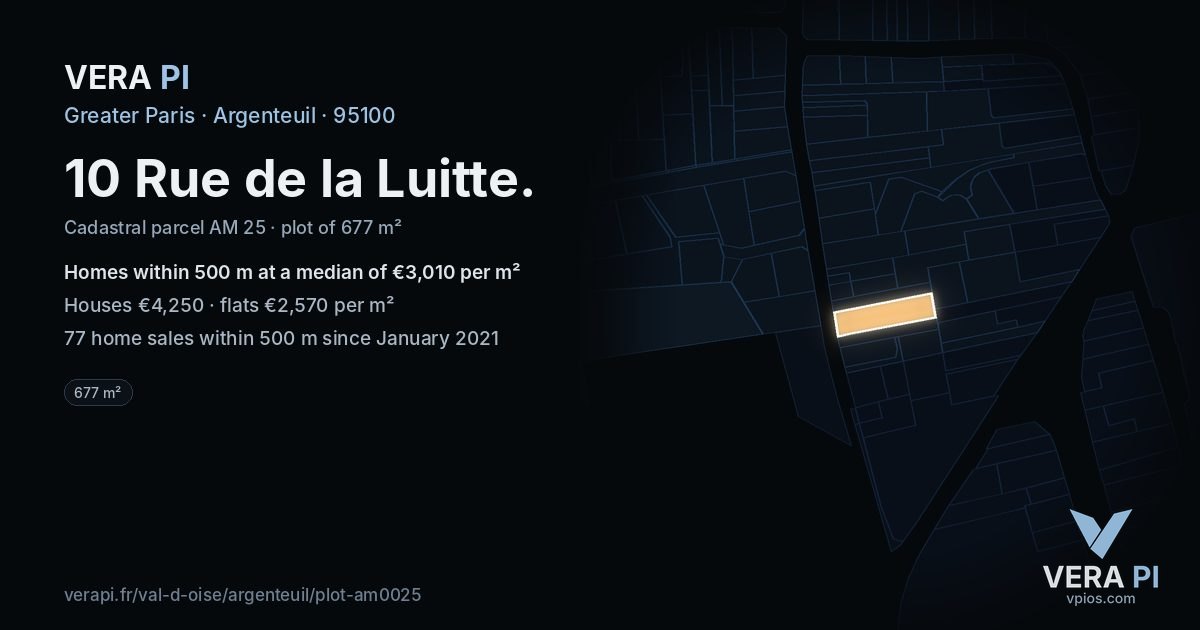 10 Rue de la Luitte, Argenteuil at night – the plot lit, the parcels around coloured by the prices near them