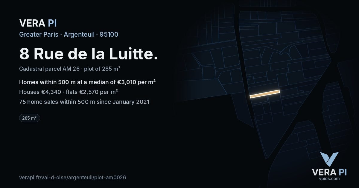 8 Rue de la Luitte, Argenteuil at night – the plot lit, the parcels around coloured by the prices near them