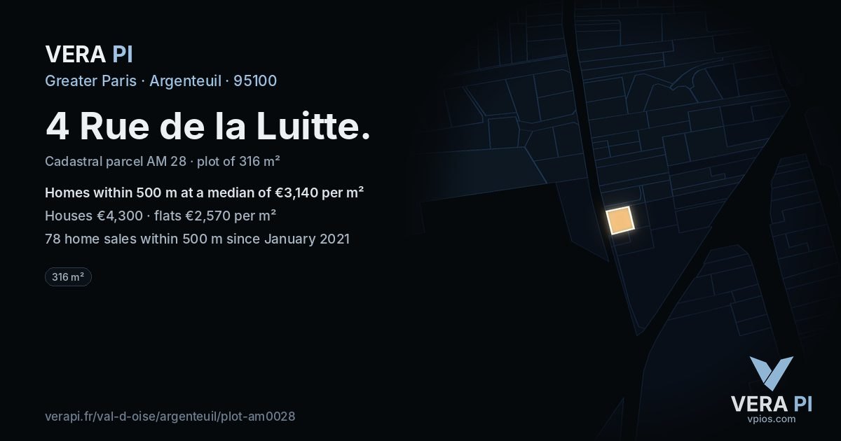 4 Rue de la Luitte, Argenteuil at night – the plot lit, the parcels around coloured by the prices near them