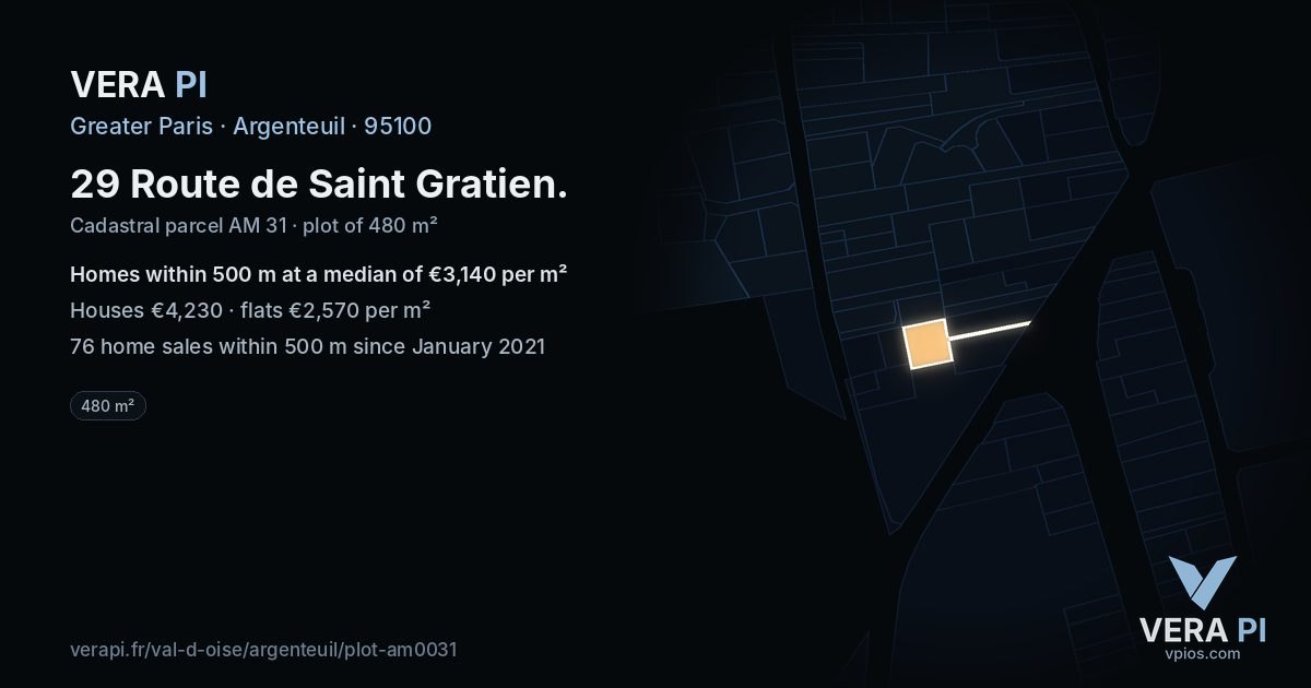29 Route de Saint Gratien, Argenteuil at night – the plot lit, the parcels around coloured by the prices near them