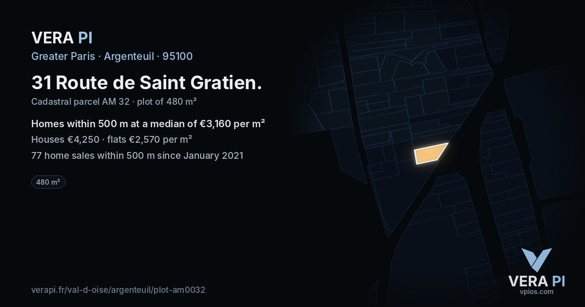 31 Route de Saint Gratien, Argenteuil at night – the plot lit, the parcels around coloured by the prices near them