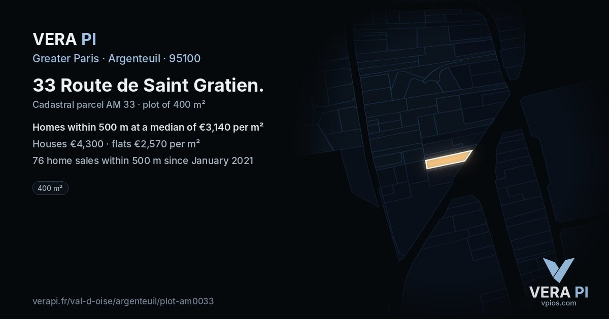 33 Route de Saint Gratien, Argenteuil at night – the plot lit, the parcels around coloured by the prices near them