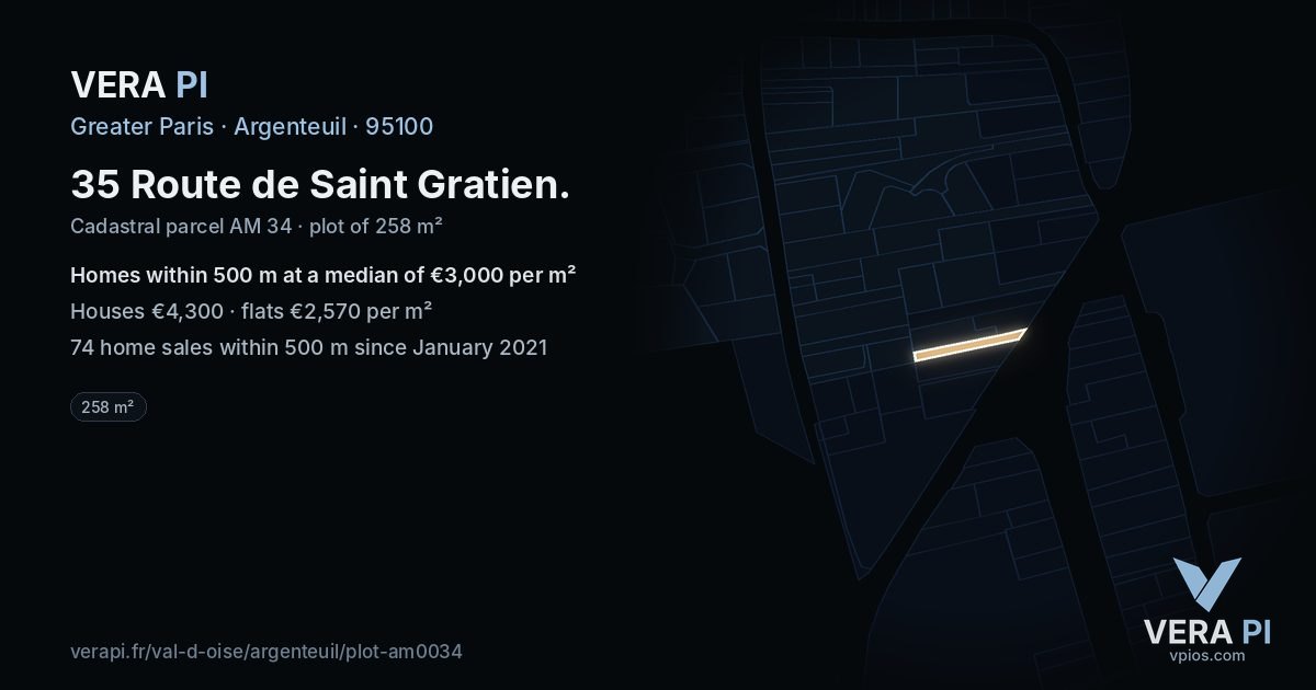 35 Route de Saint Gratien, Argenteuil at night – the plot lit, the parcels around coloured by the prices near them