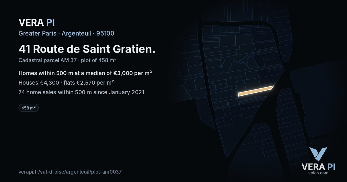 41 Route de Saint Gratien, Argenteuil at night – the plot lit, the parcels around coloured by the prices near them