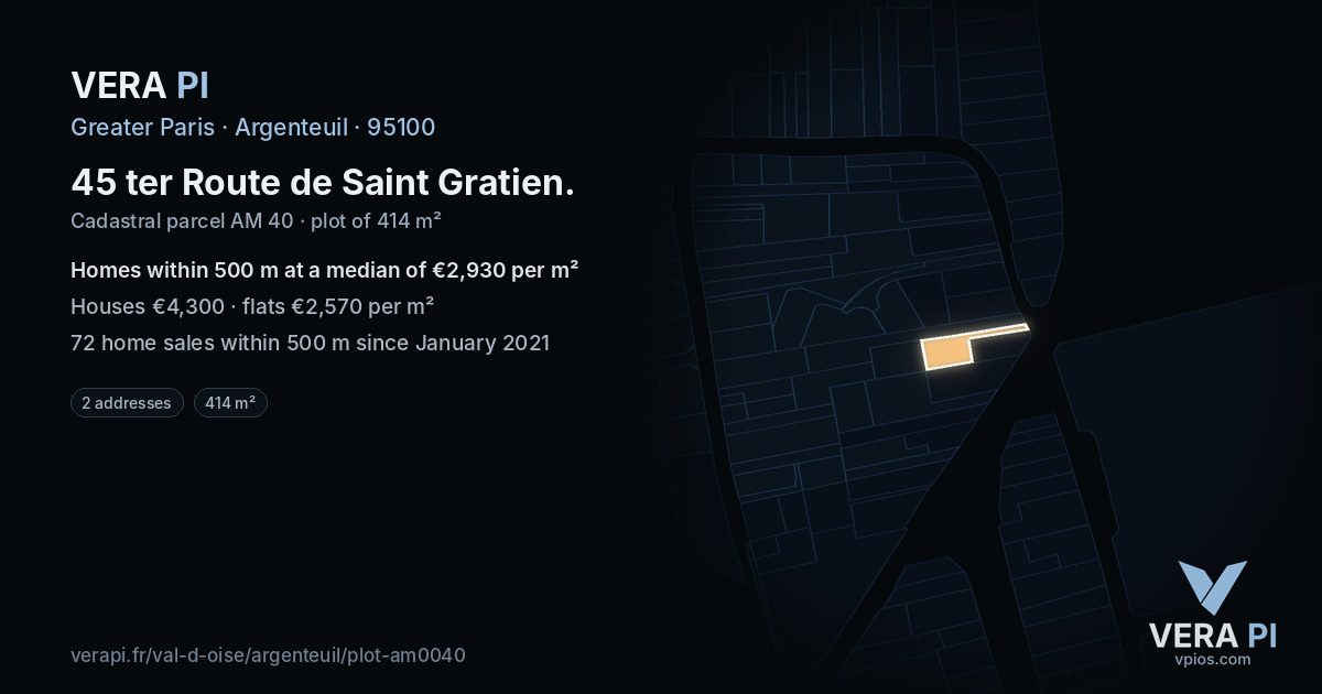 45 ter Route de Saint Gratien, Argenteuil at night – the plot lit, the parcels around coloured by the prices near them