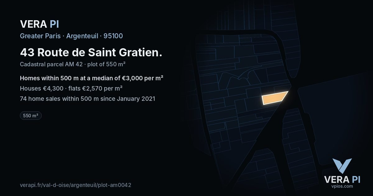 43 Route de Saint Gratien, Argenteuil at night – the plot lit, the parcels around coloured by the prices near them