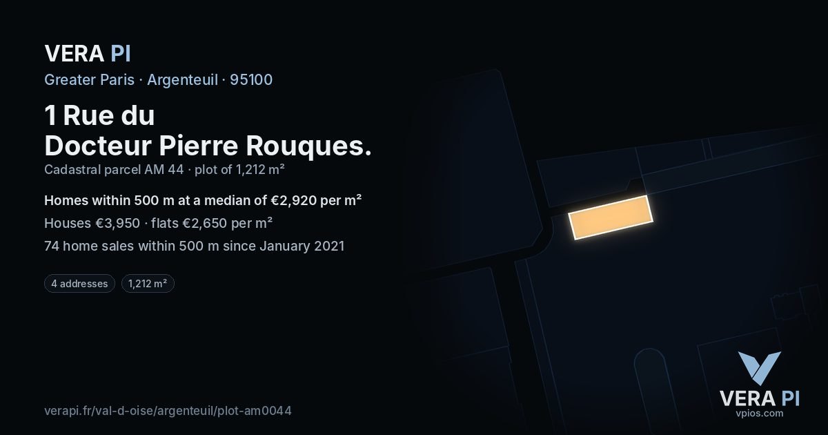 1 Rue du Docteur Pierre Rouques, Argenteuil at night – the plot lit, the parcels around coloured by the prices near them