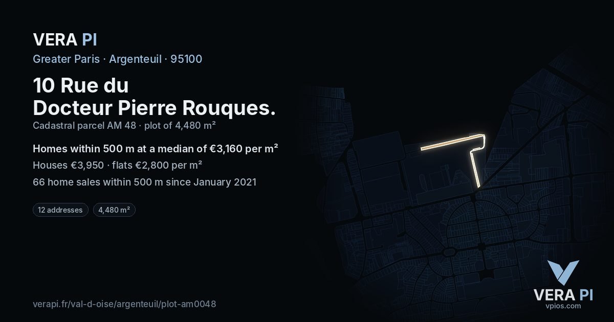 10 Rue du Docteur Pierre Rouques, Argenteuil at night – the plot lit, the parcels around coloured by the prices near them