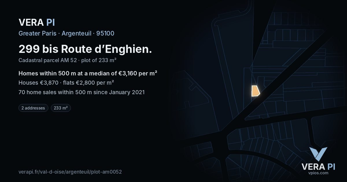 299 bis Route d’Enghien, Argenteuil at night – the plot lit, the parcels around coloured by the prices near them