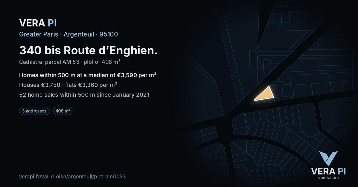 340 bis Route d’Enghien, Argenteuil at night – the plot lit, the parcels around coloured by the prices near them