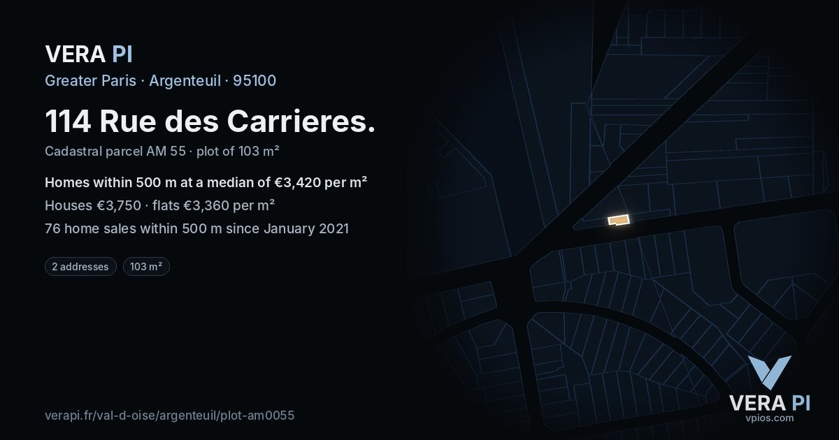 114 Rue des Carrieres, Argenteuil at night – the plot lit, the parcels around coloured by the prices near them