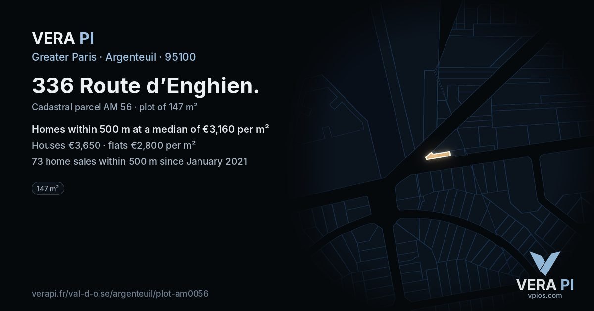 336 Route d’Enghien, Argenteuil at night – the plot lit, the parcels around coloured by the prices near them