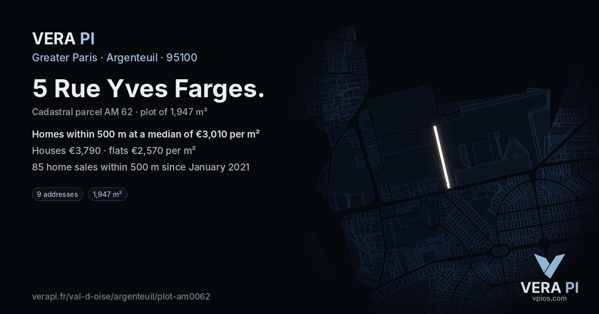 5 Rue Yves Farges, Argenteuil at night – the plot lit, the parcels around coloured by the prices near them