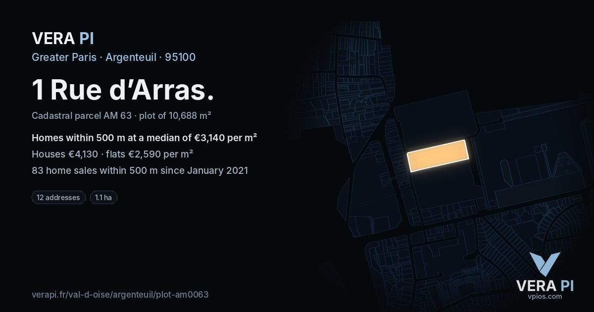 1 Rue d’Arras, Argenteuil at night – the plot lit, the parcels around coloured by the prices near them