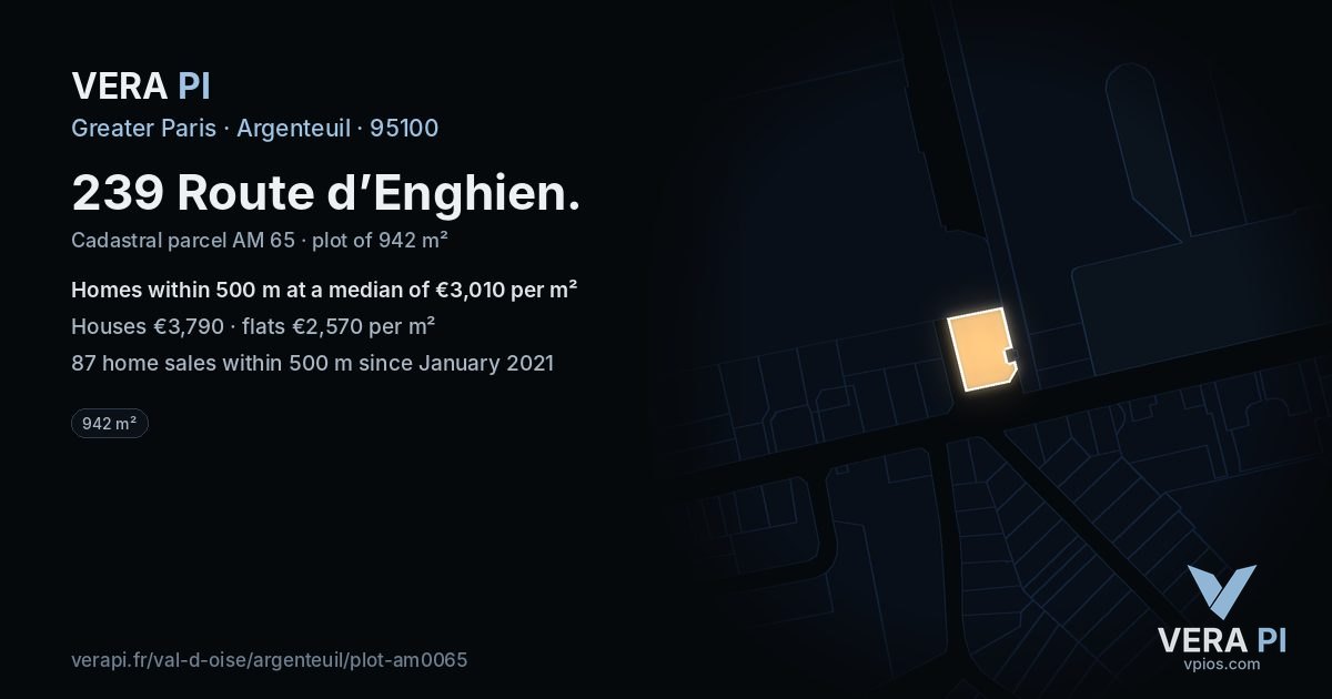 239 Route d’Enghien, Argenteuil at night – the plot lit, the parcels around coloured by the prices near them