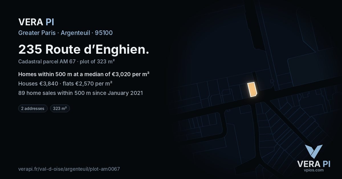 235 Route d’Enghien, Argenteuil at night – the plot lit, the parcels around coloured by the prices near them