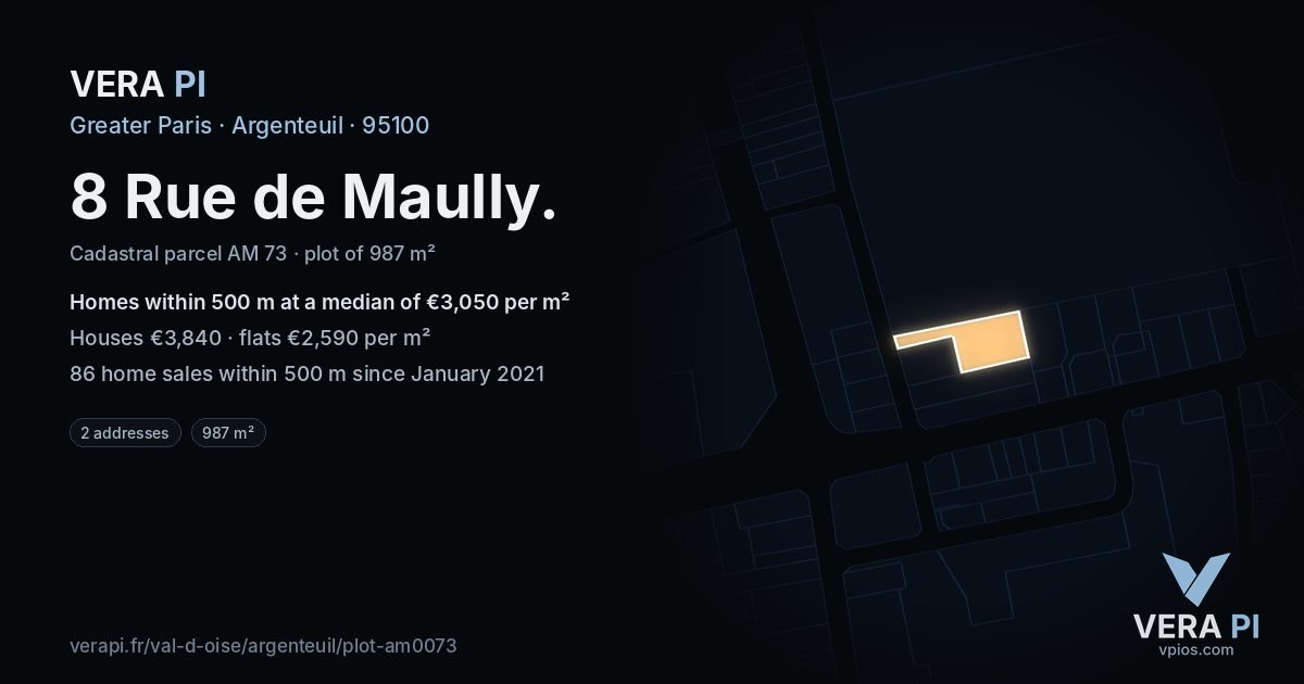 8 Rue de Maully, Argenteuil at night – the plot lit, the parcels around coloured by the prices near them