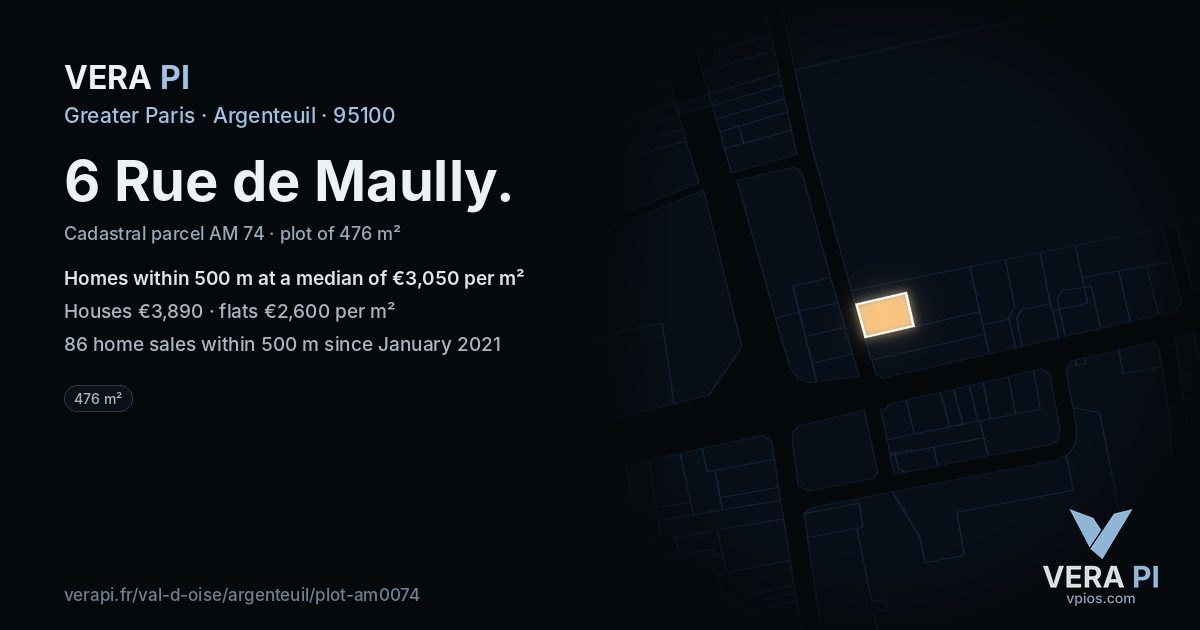6 Rue de Maully, Argenteuil at night – the plot lit, the parcels around coloured by the prices near them