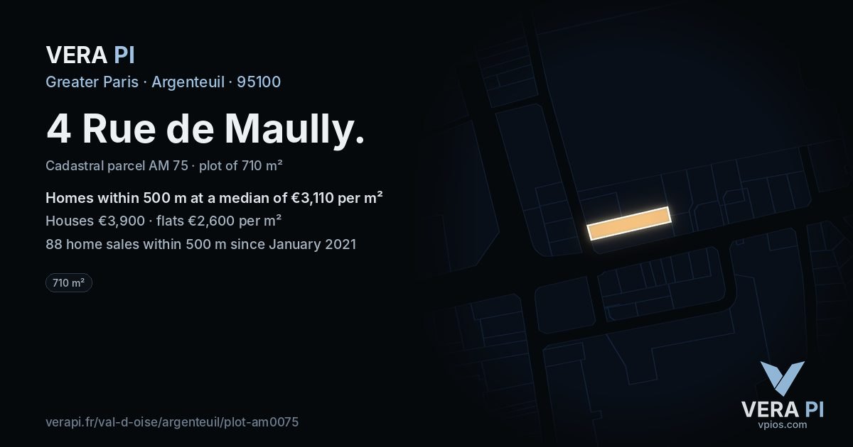 4 Rue de Maully, Argenteuil at night – the plot lit, the parcels around coloured by the prices near them