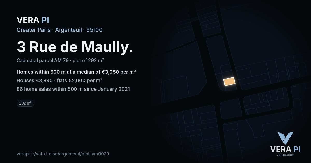 3 Rue de Maully, Argenteuil at night – the plot lit, the parcels around coloured by the prices near them