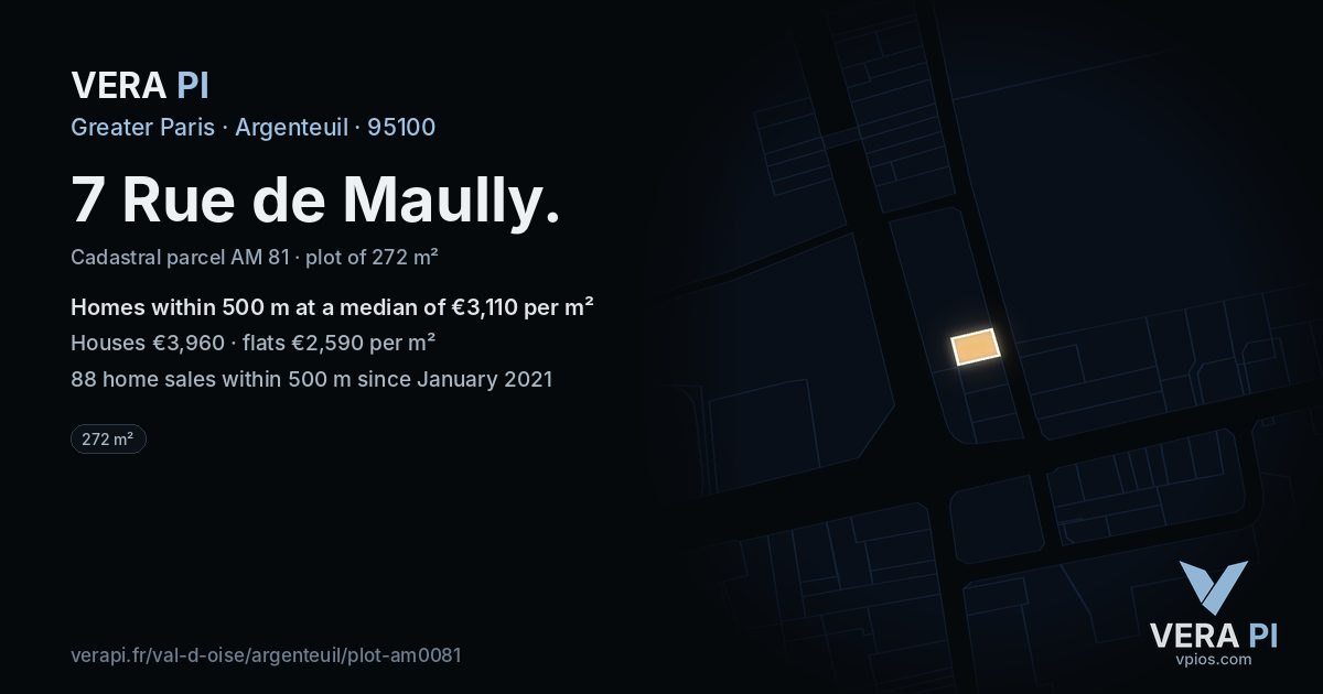 7 Rue de Maully, Argenteuil at night – the plot lit, the parcels around coloured by the prices near them
