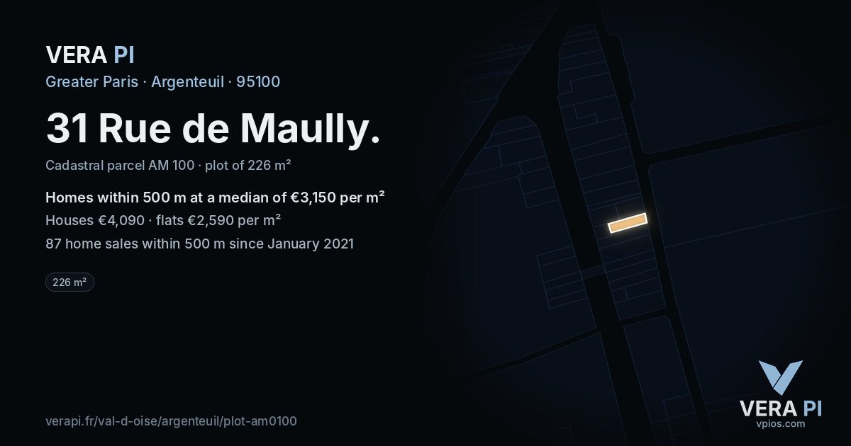 31 Rue de Maully, Argenteuil at night – the plot lit, the parcels around coloured by the prices near them