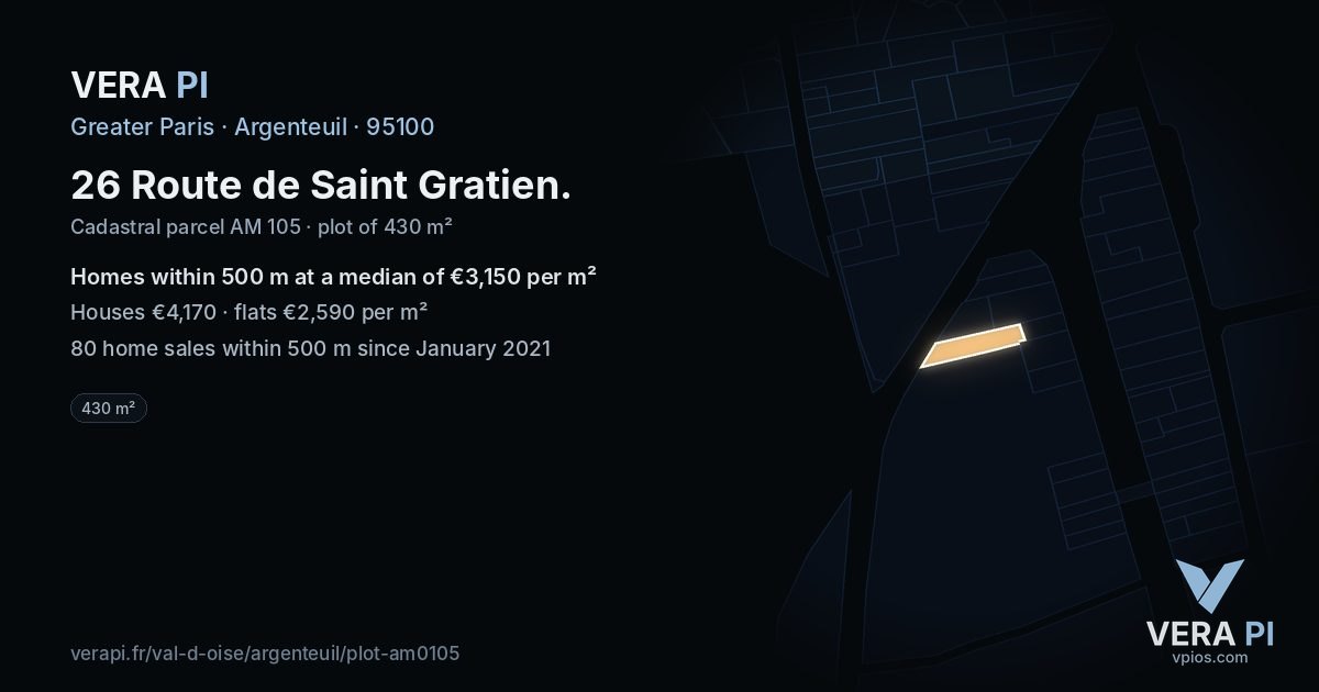 26 Route de Saint Gratien, Argenteuil at night – the plot lit, the parcels around coloured by the prices near them