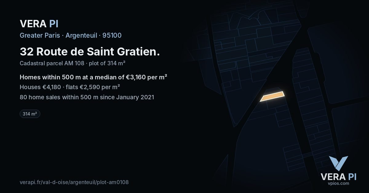 32 Route de Saint Gratien, Argenteuil at night – the plot lit, the parcels around coloured by the prices near them
