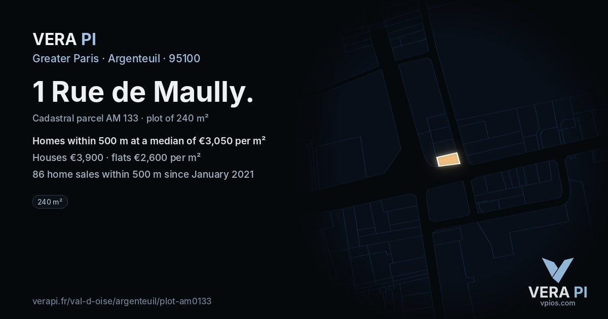 1 Rue de Maully, Argenteuil at night – the plot lit, the parcels around coloured by the prices near them