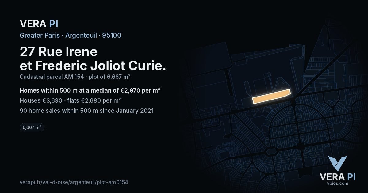27 Rue Irene et Frederic Joliot Curie, Argenteuil at night – the plot lit, the parcels around coloured by the prices near them