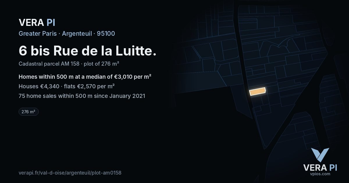 6 bis Rue de la Luitte, Argenteuil at night – the plot lit, the parcels around coloured by the prices near them