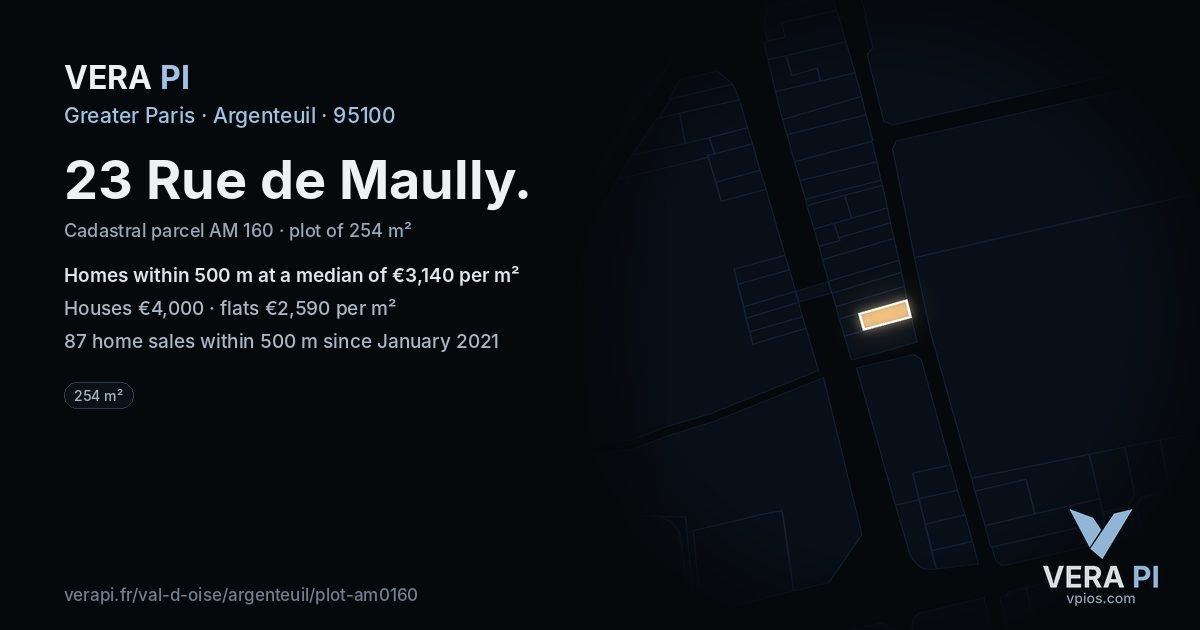 23 Rue de Maully, Argenteuil at night – the plot lit, the parcels around coloured by the prices near them