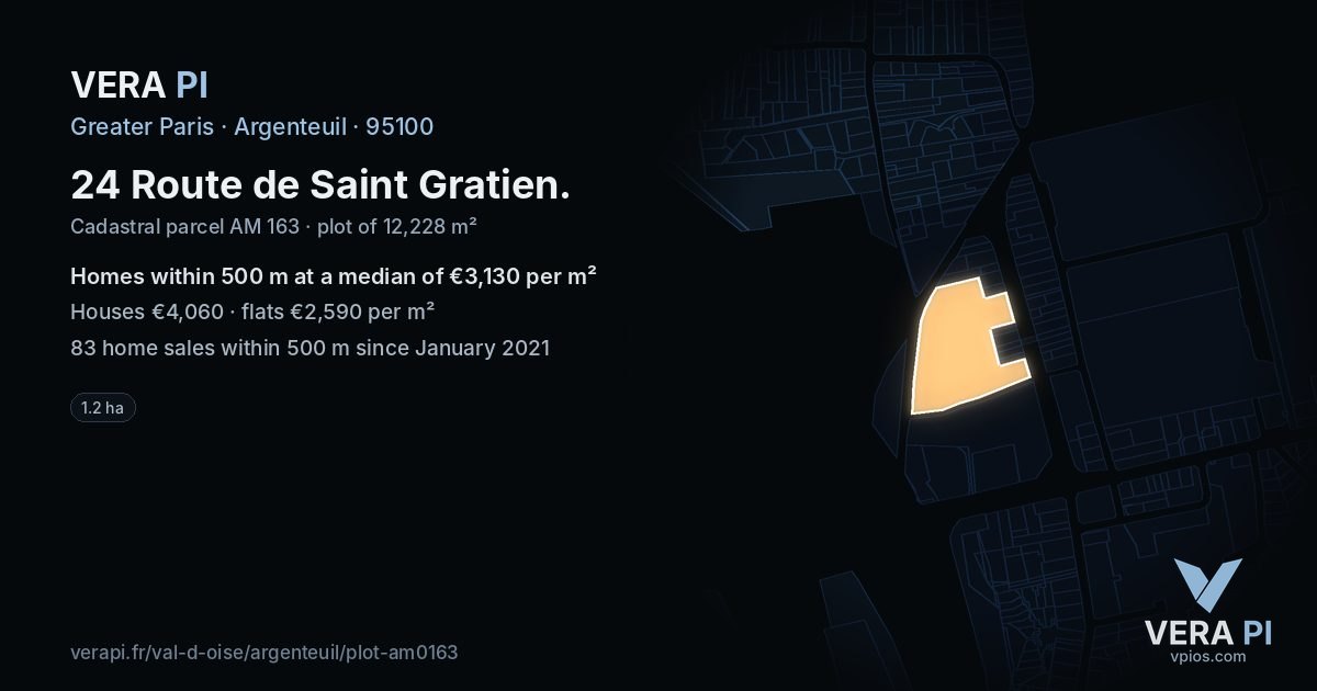 24 Route de Saint Gratien, Argenteuil at night – the plot lit, the parcels around coloured by the prices near them