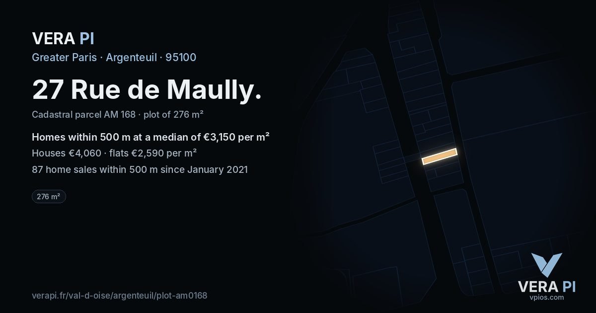 27 Rue de Maully, Argenteuil at night – the plot lit, the parcels around coloured by the prices near them