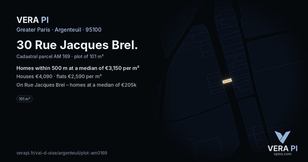 30 Rue Jacques Brel, Argenteuil at night – the plot lit, the parcels around coloured by the prices near them