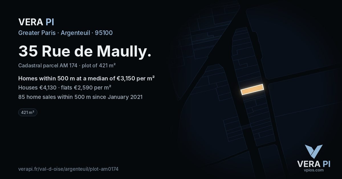 35 Rue de Maully, Argenteuil at night – the plot lit, the parcels around coloured by the prices near them