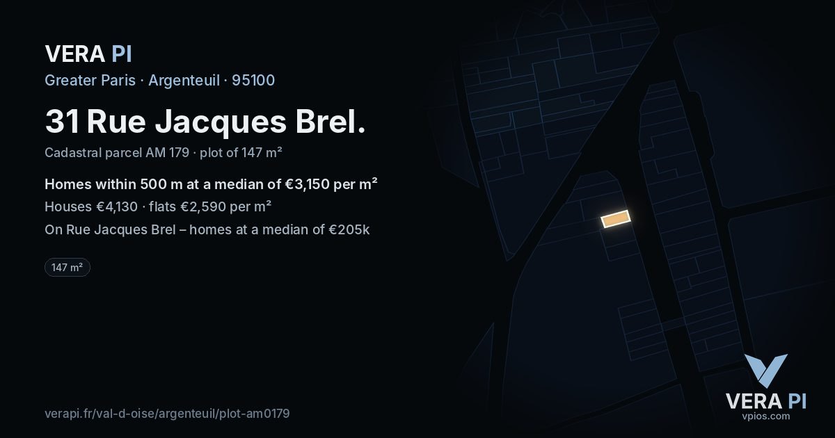 31 Rue Jacques Brel, Argenteuil at night – the plot lit, the parcels around coloured by the prices near them