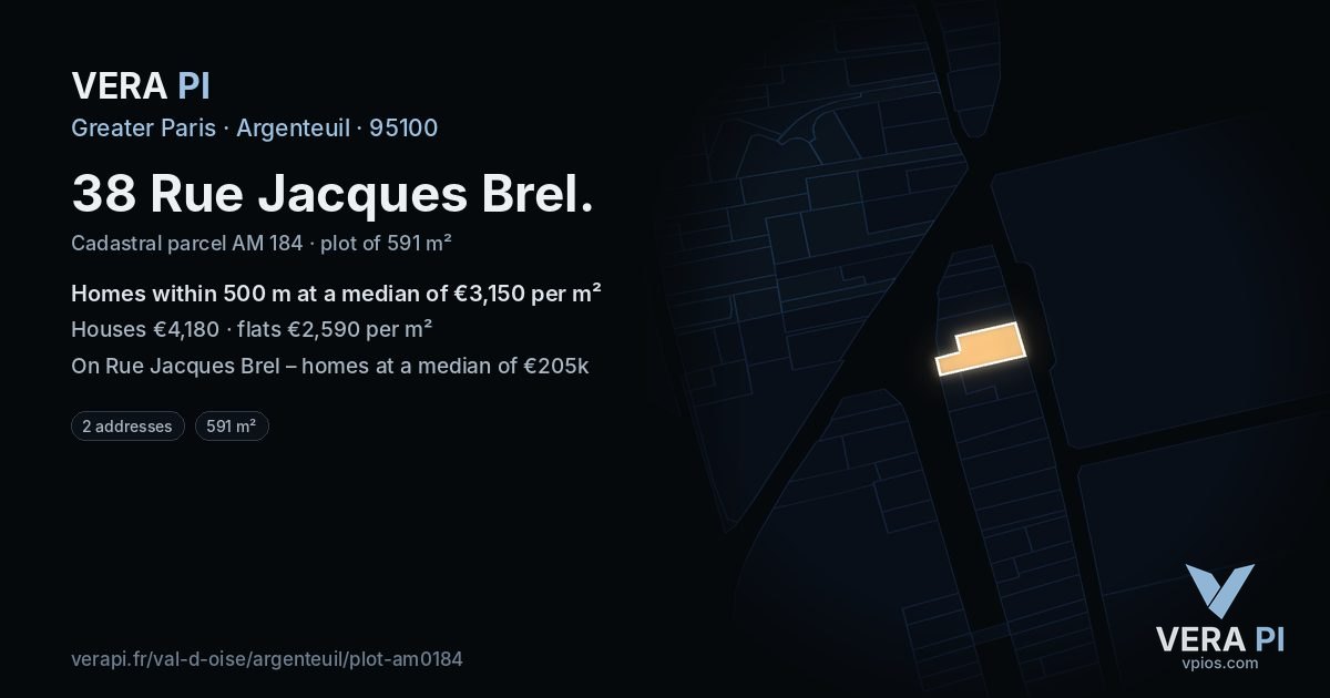 38 Rue Jacques Brel, Argenteuil at night – the plot lit, the parcels around coloured by the prices near them