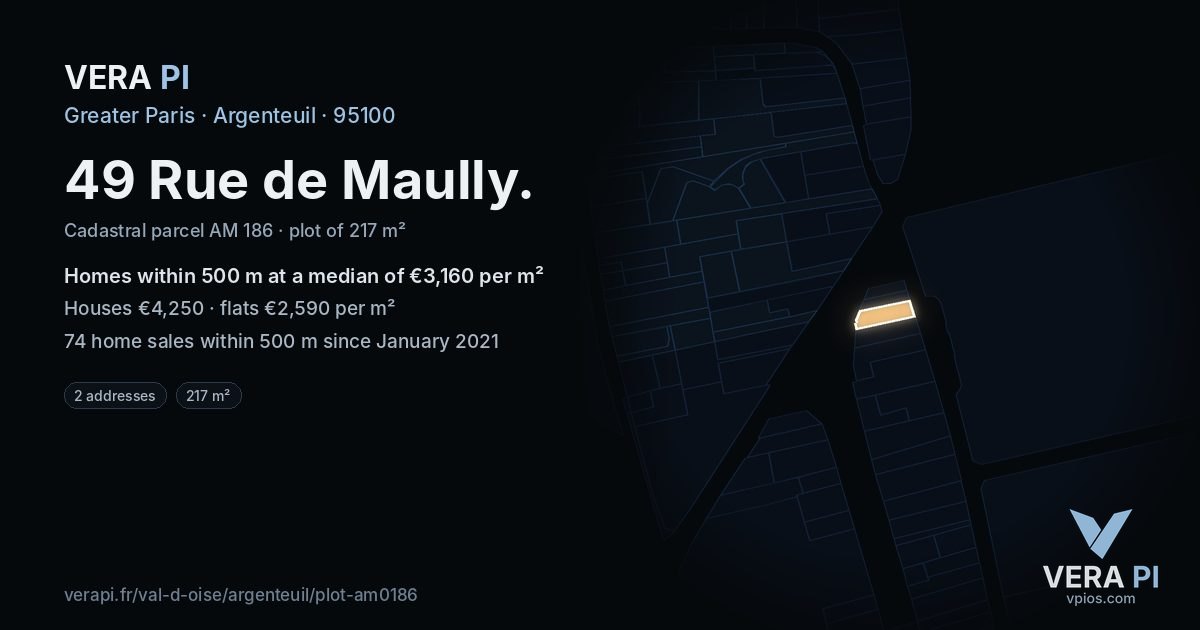 49 Rue de Maully, Argenteuil at night – the plot lit, the parcels around coloured by the prices near them