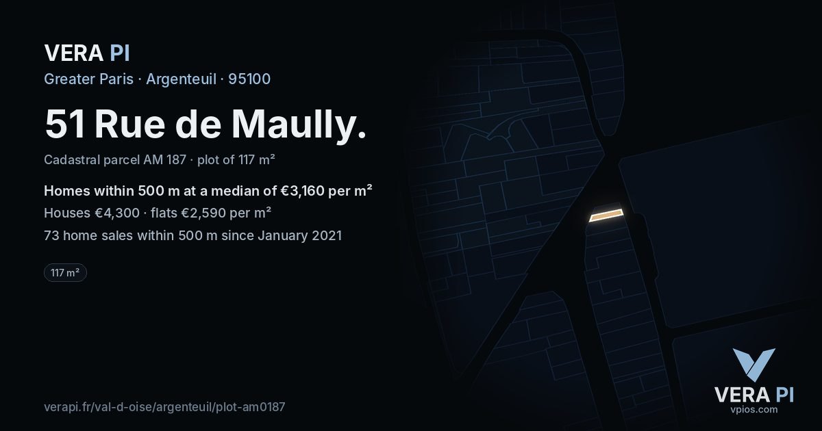 51 Rue de Maully, Argenteuil at night – the plot lit, the parcels around coloured by the prices near them