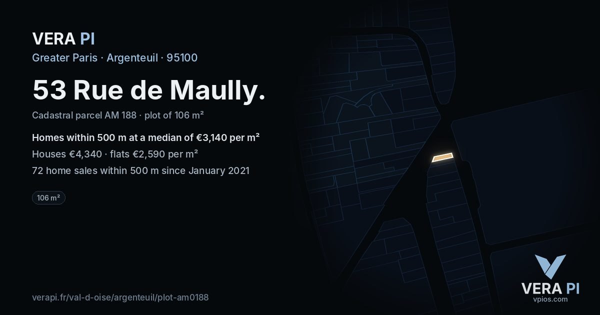 53 Rue de Maully, Argenteuil at night – the plot lit, the parcels around coloured by the prices near them