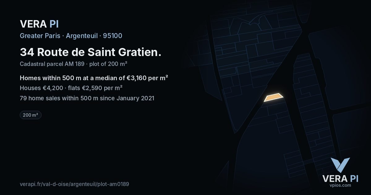 34 Route de Saint Gratien, Argenteuil at night – the plot lit, the parcels around coloured by the prices near them