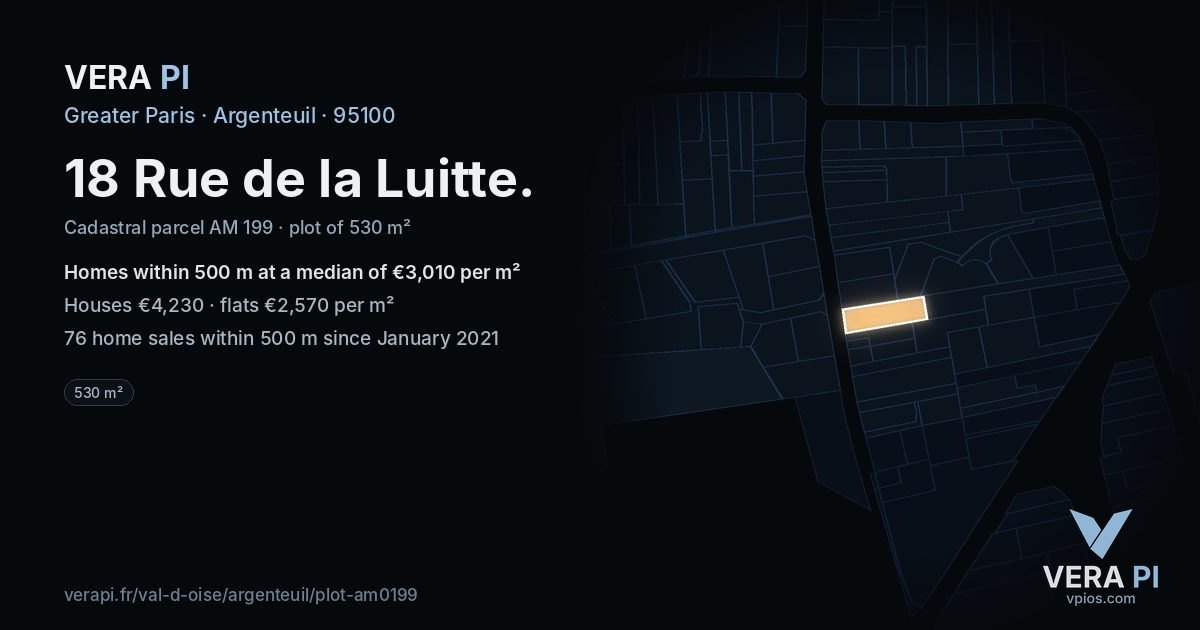18 Rue de la Luitte, Argenteuil at night – the plot lit, the parcels around coloured by the prices near them