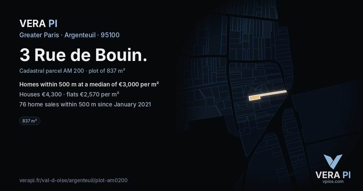 3 Rue de Bouin, Argenteuil at night – the plot lit, the parcels around coloured by the prices near them