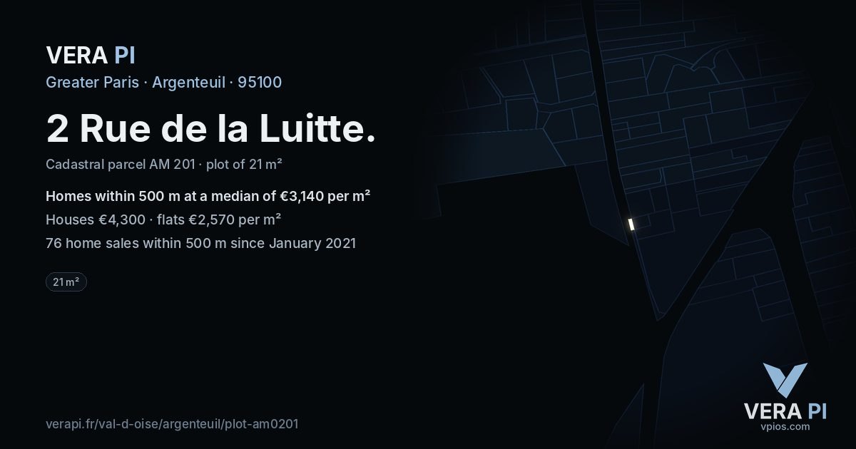 2 Rue de la Luitte, Argenteuil at night – the plot lit, the parcels around coloured by the prices near them