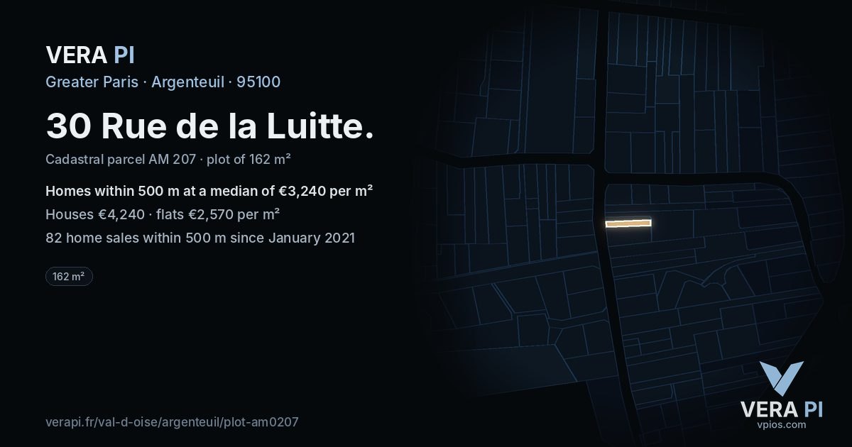 30 Rue de la Luitte, Argenteuil at night – the plot lit, the parcels around coloured by the prices near them